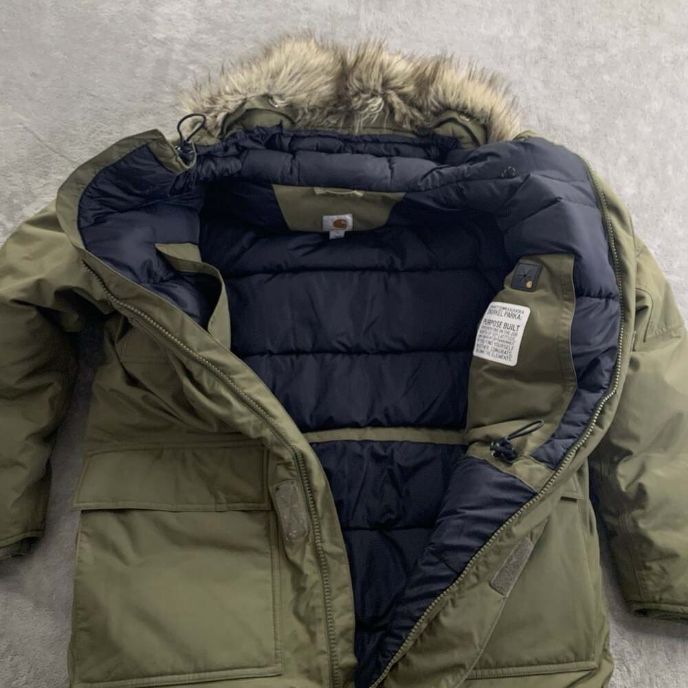 Carhartt Kalkaska Down Snorkel Parka Mens Medium Quilt Lined Army Green Gorpcore - Picture 8 of 13